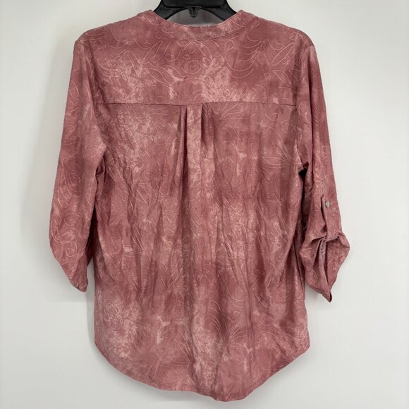 NY Collection Women's Petite 3/4 Sleeve Roll Tab Y Neck Pullover Top Pink PL NWT - Picture 3 of 5